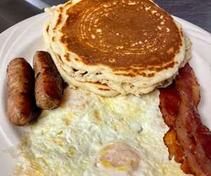 Pancakes, eggs, sausage and bacon