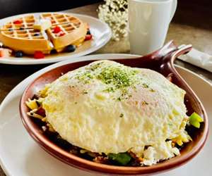 belgian waffle and egg skillet